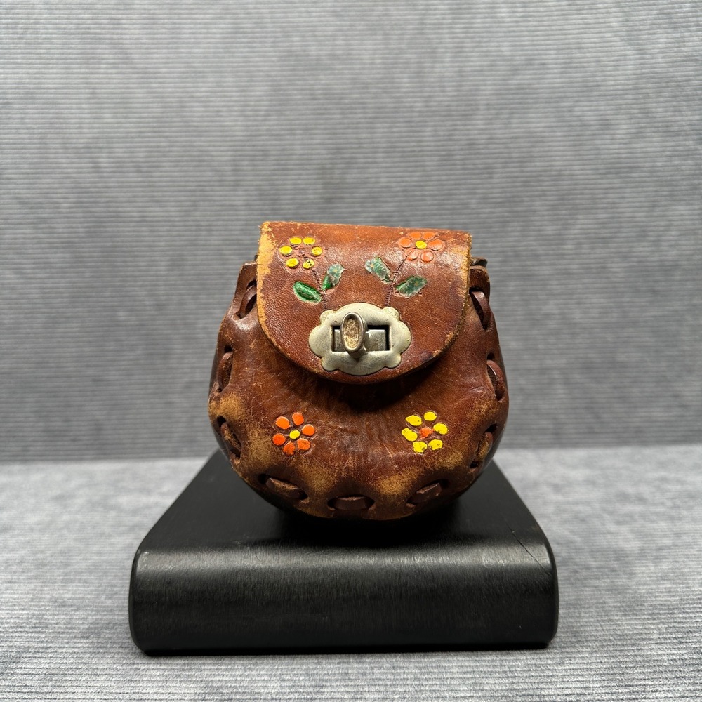 Vintage Mexico Hand Painted Tooled Leather Mini Coin Purse Crossbody Floral